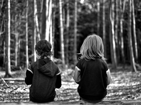 Zwei Kinder sitzen auf einem Baumstamm im Wald mit dem Rücken zum Fotografen.